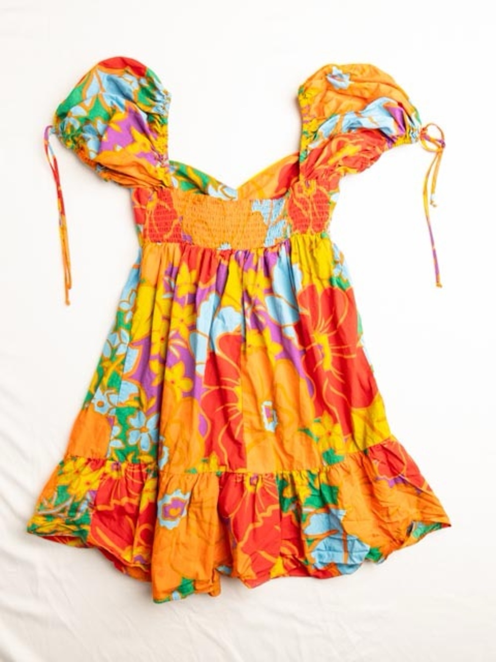 Olivaceous Hot Pink & Orange Floral Puff-Sleeve Babydoll Mini Dress - Picture 2 of 9